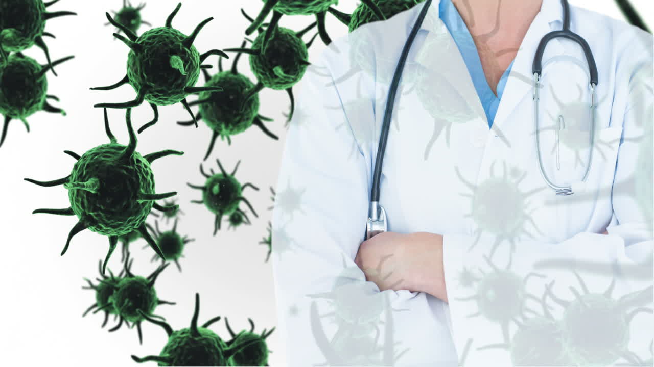 el médico de pie contra las células de bacterias verdes 4k