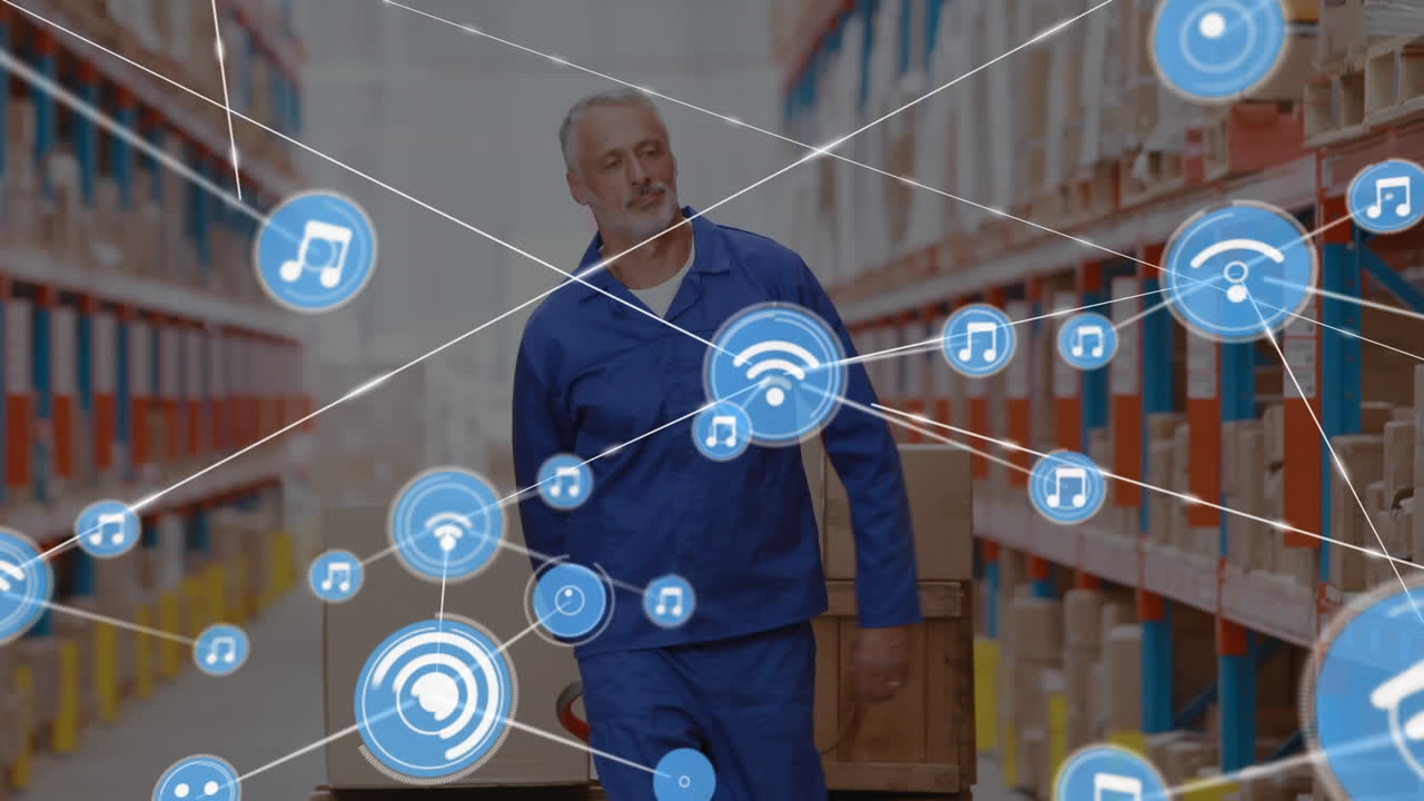Network of digital icons against caucasian senior male worker pulling a pallet at warehouse