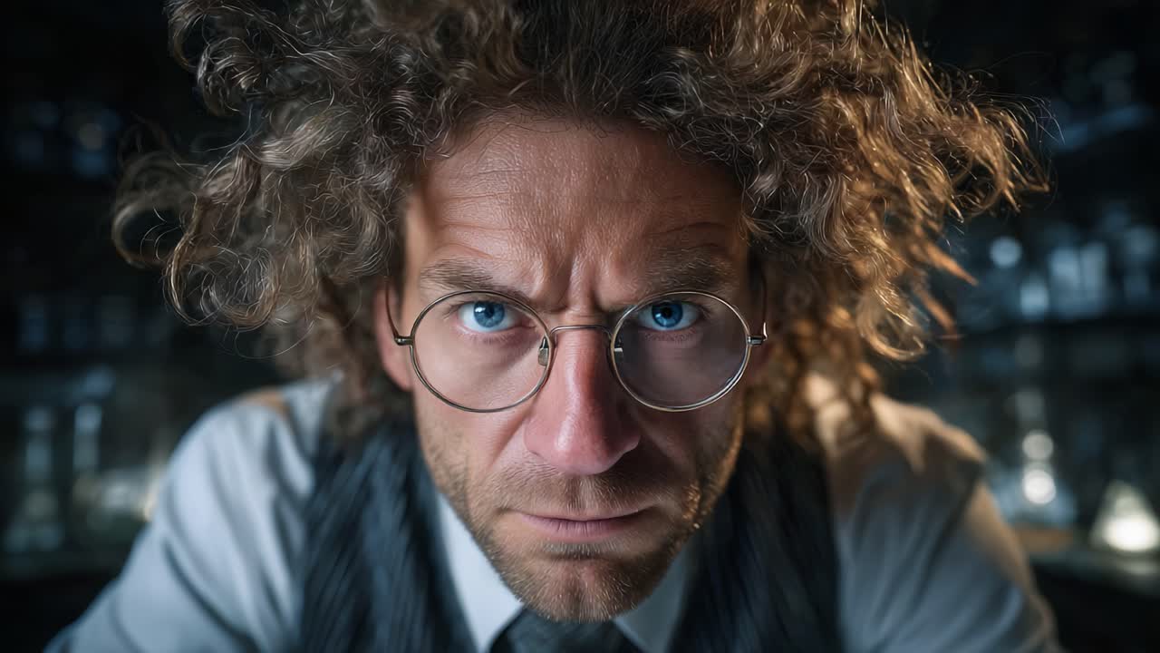 Sguardo intenso di uno scienziato frustrato: esplorazione delle profondità di curiosità, creatività e pensiero innovativo in un ritratto accattivante