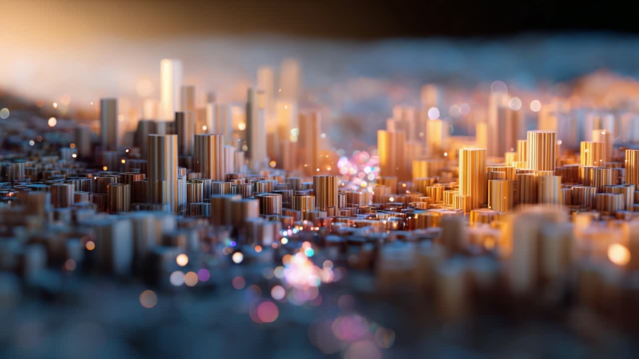 A Stunning Abstract Visualization of a Cityscape, Showcasing Tall, Illuminated Structures and Glittering Lights in a Mesmerizing, Otherworldly Environment