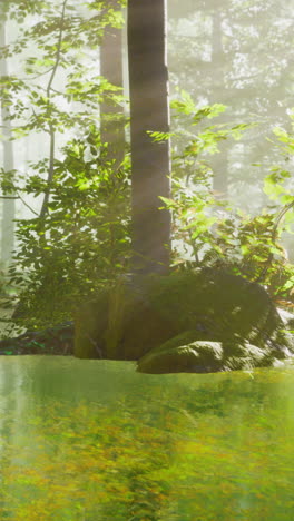 la luz del sol fluye a través de la niebla en un bosque verde y exuberante.