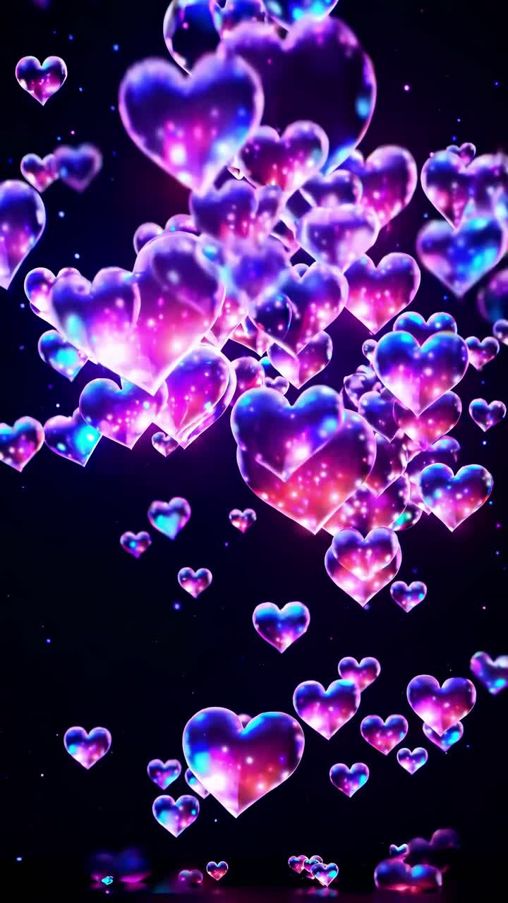 A vibrant video still of glowing, galaxy-themed hearts floating upwards, captured from a low-angle
