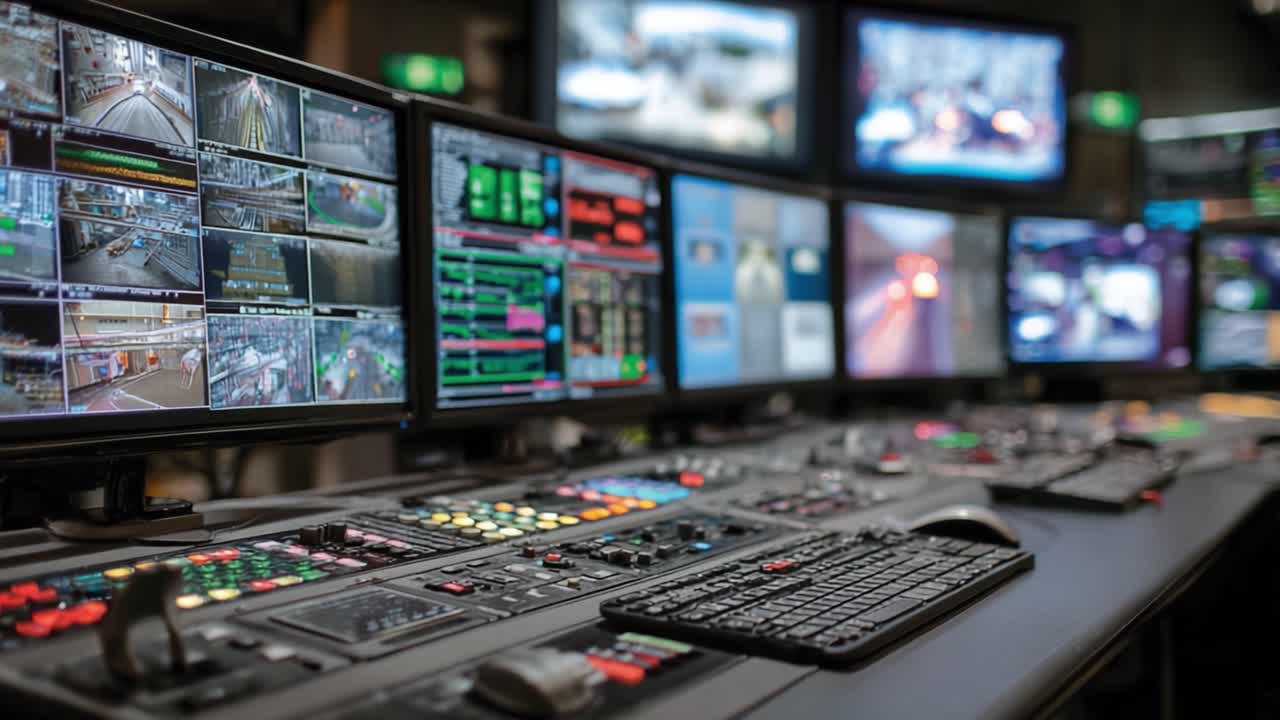 Monitoring Center: A High-Tech Control Room with Multiple Screens Displaying Traffic and Surveillance Footage, Showcasing Advanced Technology for Real-Time Analysis and Security Management