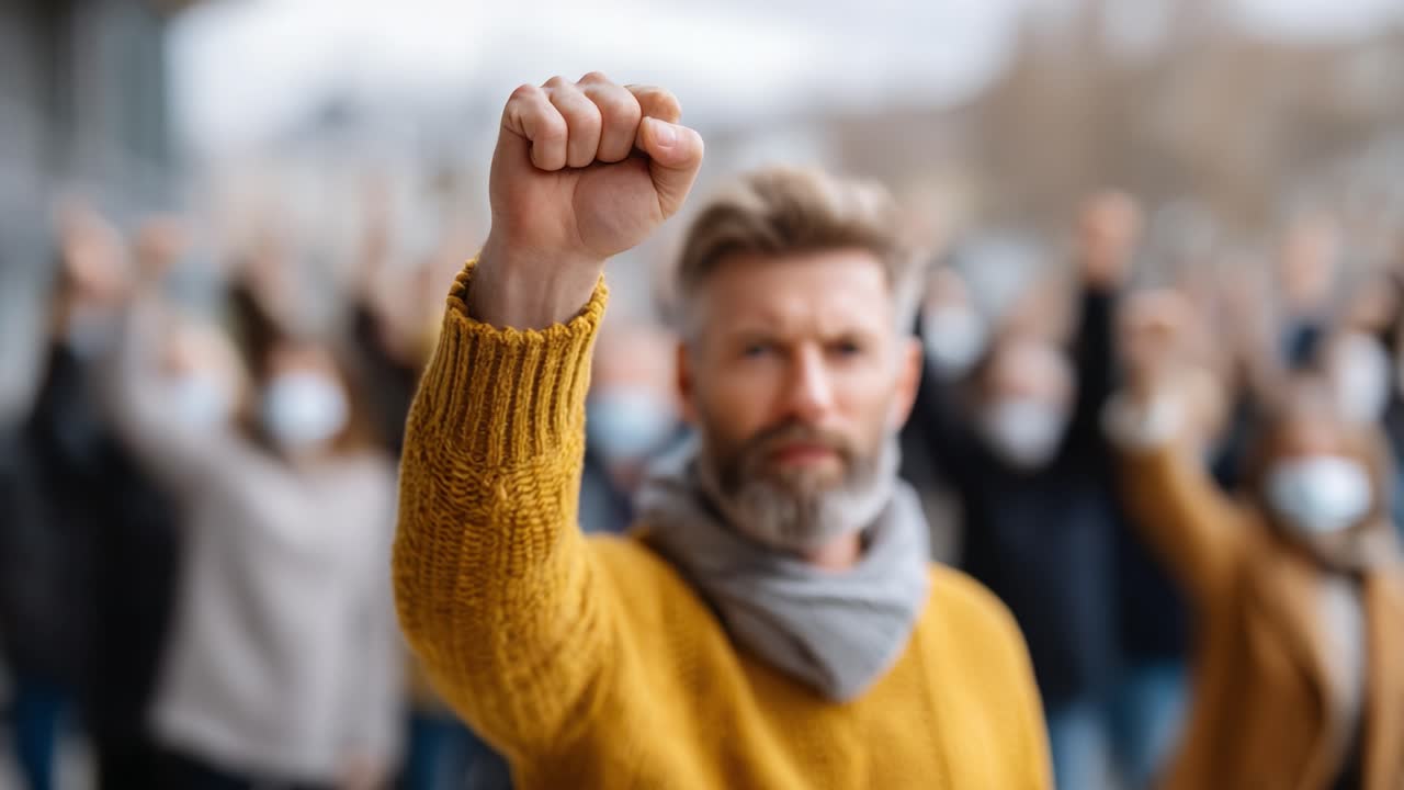 A Passionate Protester Raises a Fist in Solidarity Amidst a Crowd, Expressing Determination and Unity for a Cause in a Powerful Demonstration