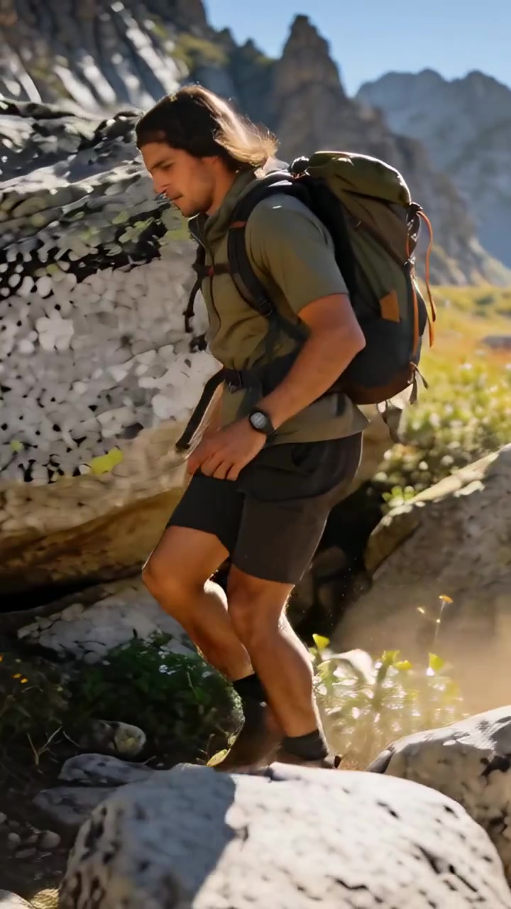 Video vertical: Hombre en camisa y botas descendiendo por un sendero alpino con mochila para mantener el equilibrio.
