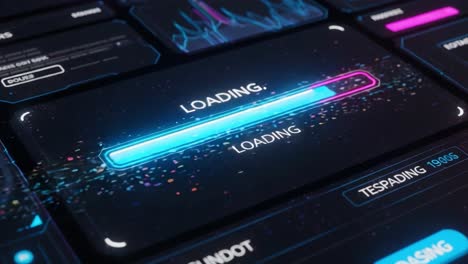 a high-tech loading animation showcase featuring two distinct frames with vibrant visual effects and colorful particle dynamics in a futuristic interface design