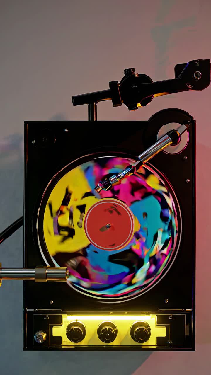 Vista dall'alto di un giradischi con colori vivaci, perfetta per un tema di video musicale retrò.