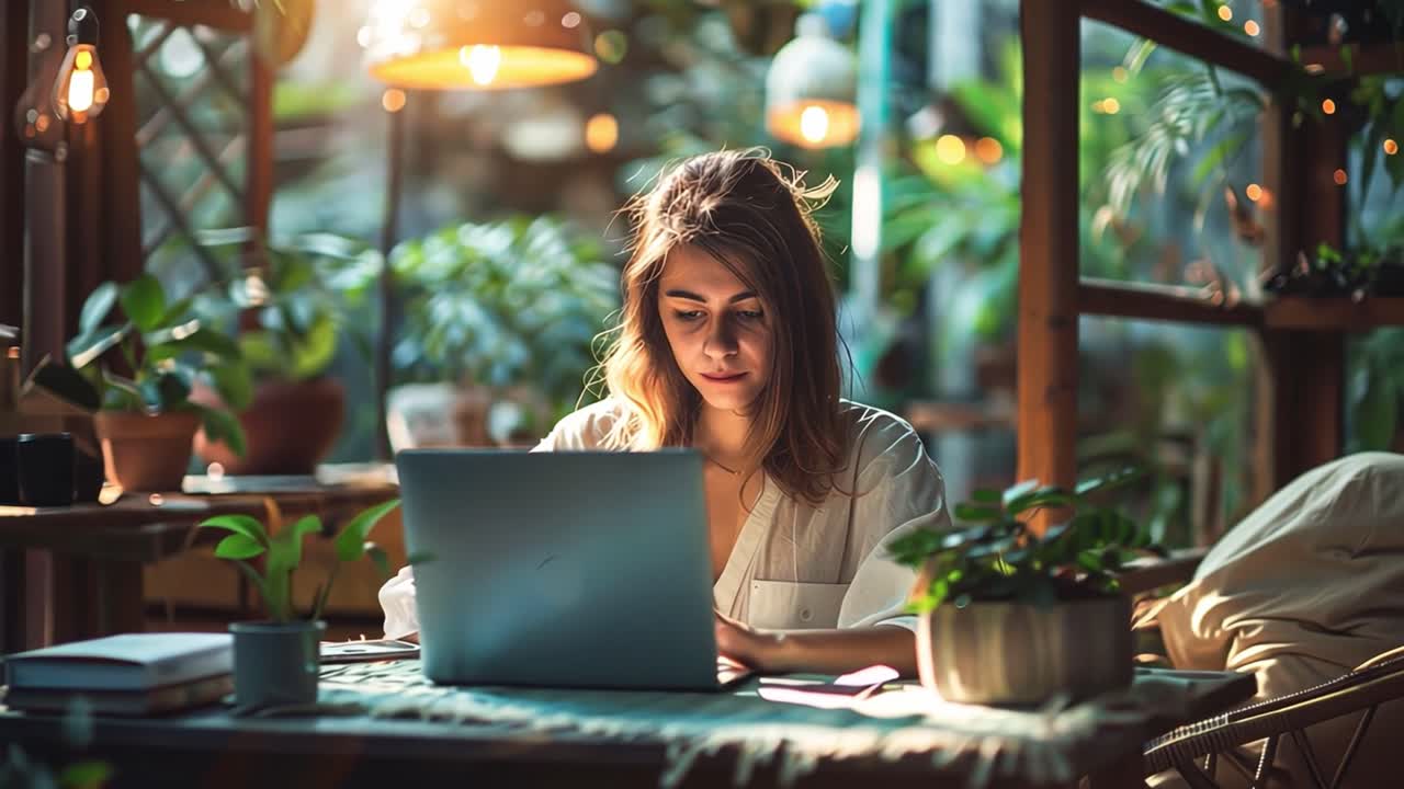 mujer trabajando en una computadora portátil en una acogedora oficina en casa