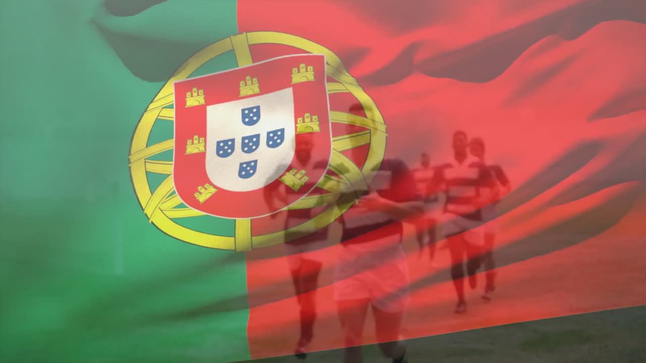 Rugby players running on field with Portuguese flag animation overlaying them