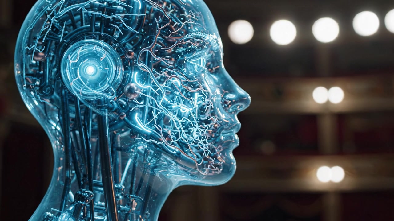 A Close-Up View of a Futuristic Transparent Robot Head with Intricate Wiring and LED Lights, Set Against a Dimly Lit Background of a Theater Stage.