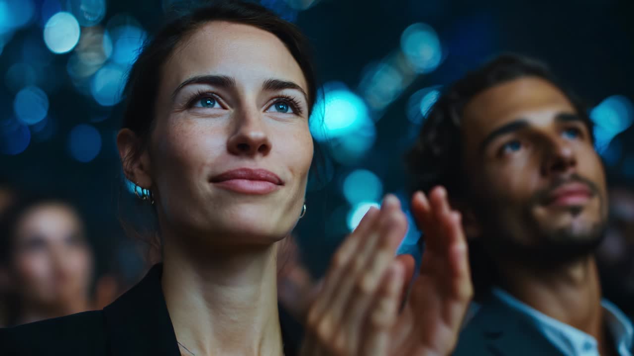 Captivated Audience Moments: A Close-Up of a Woman Applauding While Engaging in a Performance with Bokeh Lights in the Background, Exhibiting Joy and Enthusiasm in a Collective Environment