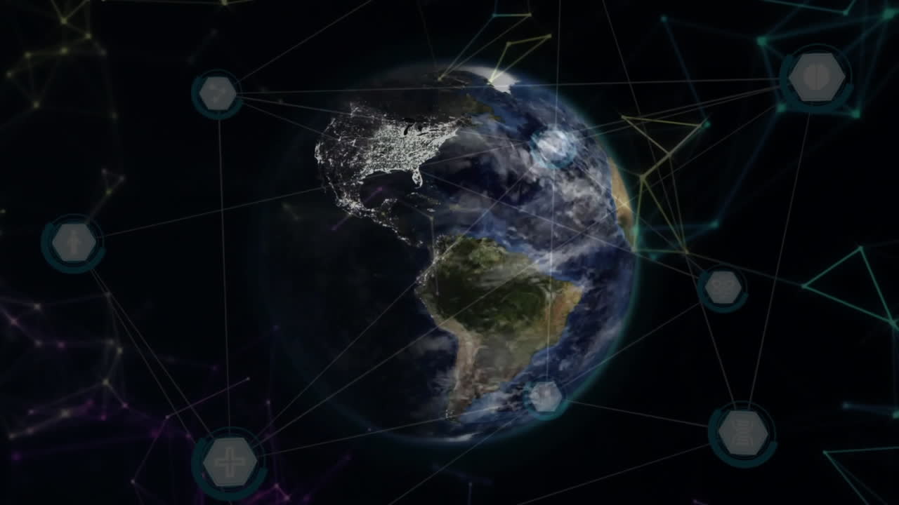 Animation of network of connections over globe on black background