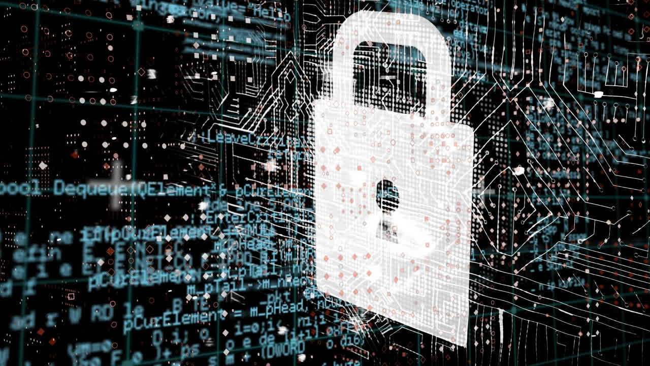 Animation of padlock, with computer motherboard and data processing, on black