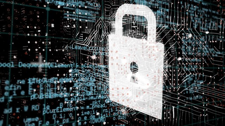 Animation of padlock, with computer motherboard and data processing, on black