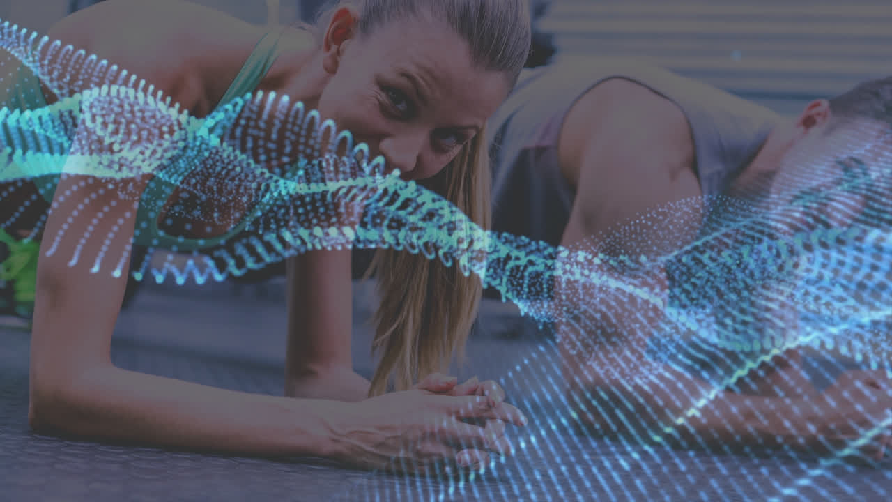 animación de puntos azules sobre hombre y mujer haciendo ejercicio