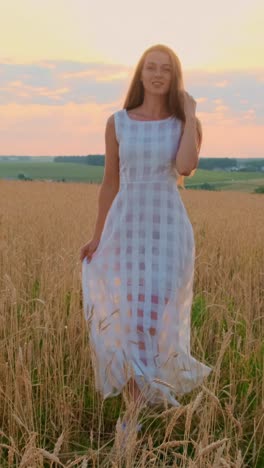 young woman in flowing white dress dancing in golden wheat field during sunset with vibrant sky