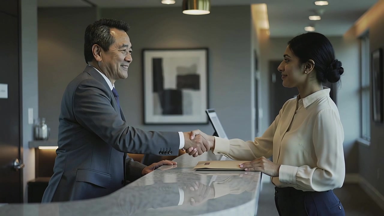 Approaching man in suit extending folder to clerk in blouse at marble counter, shaking hands filing