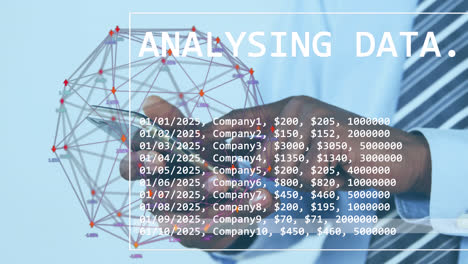 Animation-of-data-processing-and-globe-over-biracial-businessman-with-smartphone