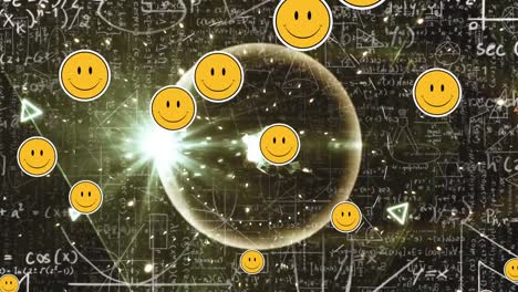 Smiling-face-emojis-floating-over-light-trails-against-mathematical-equations-on-black-background