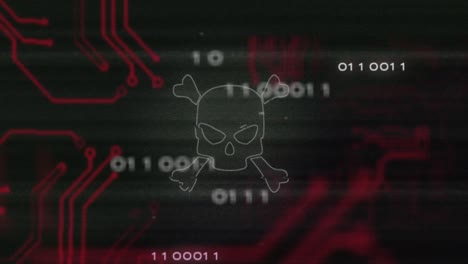 animation of interference over skull icon, data processing and computer circuit board