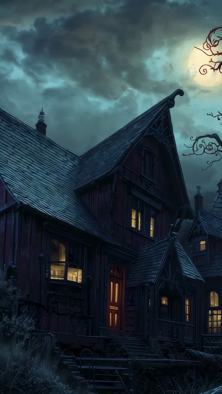 Vertical video: Drifting clouds revealing full moon over house at night with flickering lights