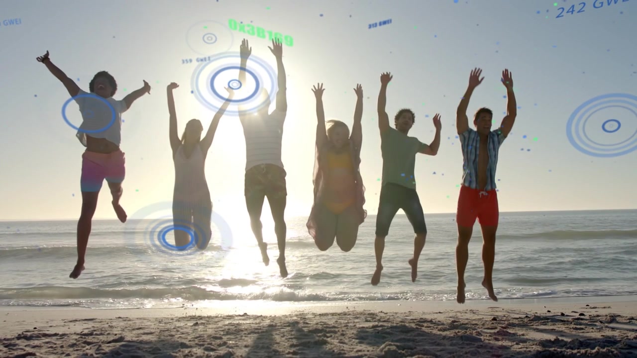 Six adults starting beach routine syncing jumps landing in poses while tech HUD rings cross shadows