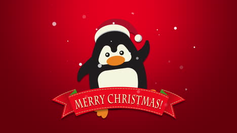 Frohe-Weihnachten-Text-Mit-Lustigem-Pinguin-Winken-Auf-Rotem-Hintergrund