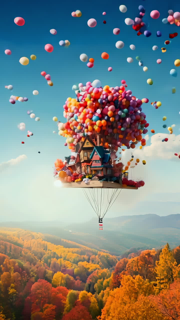 A colorful house with a bunch of balloons on top of it. The balloons are in different colors and sizes, and they are scattered all over the house.