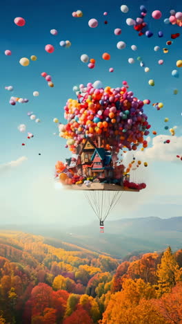 a colorful house with a bunch of balloons on top of it. the balloons are in different colors and sizes, and they are scattered all over the house.