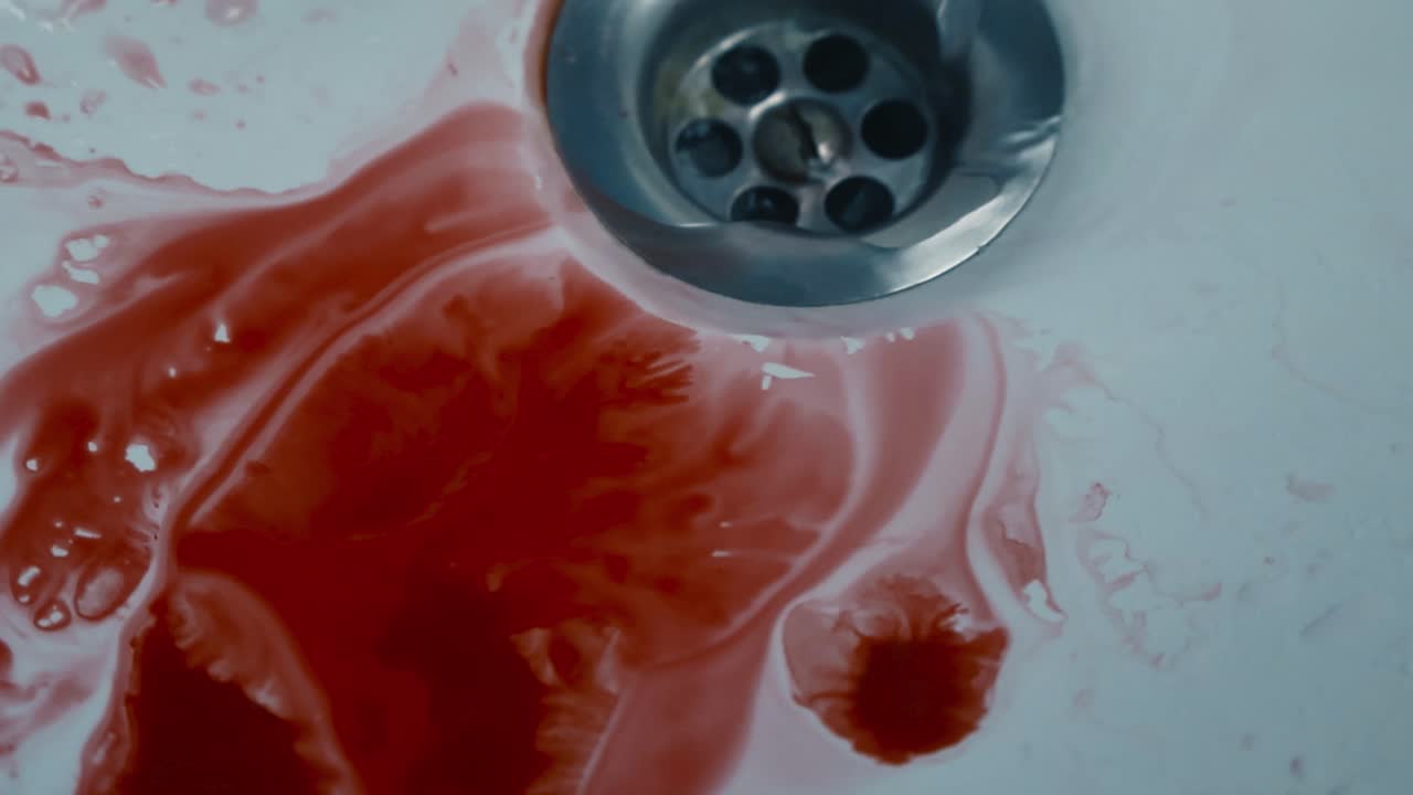 Top down glides slowly over sink covered in fresh blood while water swirling, flows steadily down the drain in close up. Dripped pool of blood traces on white surface caused by crime, bloody accident