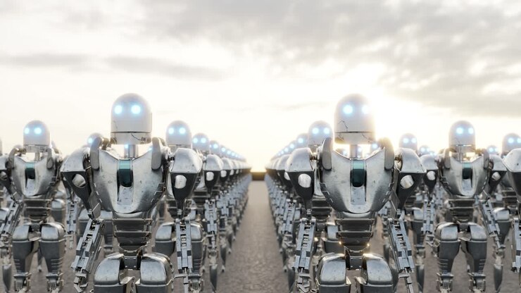 filas de robots metálicos marchando en un campo