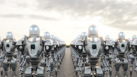 rows of metallic robots marching in a field