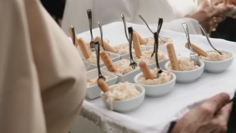 el camarero camina con una bandeja de bocadillos deliciosos en un evento de boda