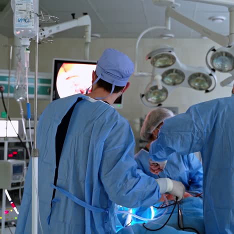 modern medical operation room. group of doctors operate patient and look at the screen of monitor. laparoscopic surgery.