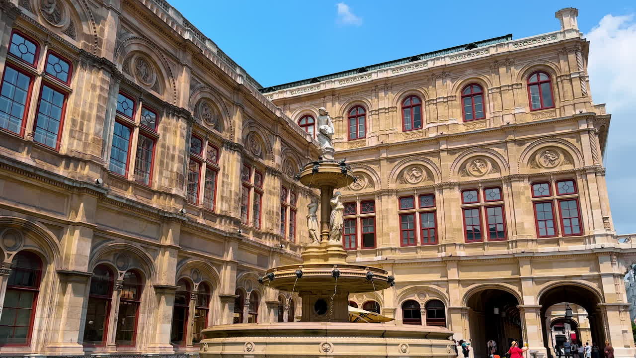 Vienna, Austria - June 9, 2025: Façade of the stunning historical building with a fountain in front of it. Beautiful Vienna State Opera in Austria