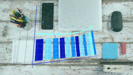 Animación-Del-Procesamiento-De-Datos-Estadísticos-Contra-Equipos-De-Oficina-Sobre-Superficie-De-Madera