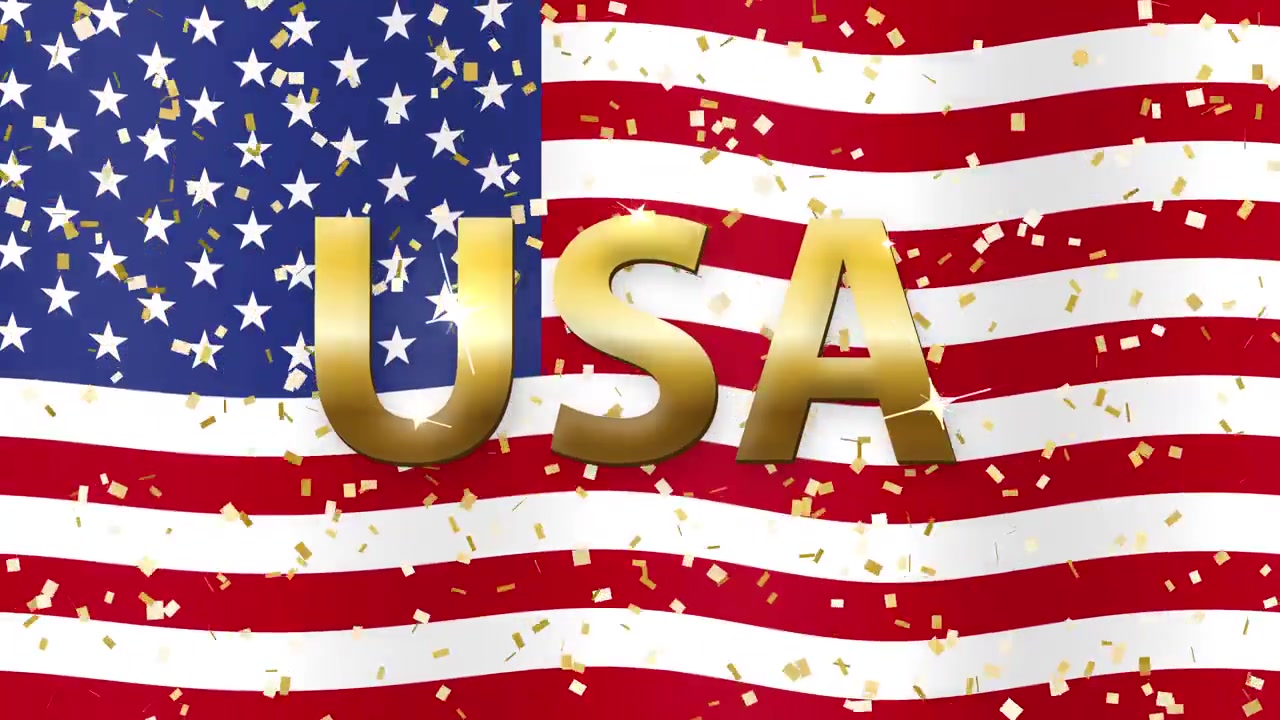 Animated American flag background with metallic gold USA lettering and shimmering falling confetti particles.