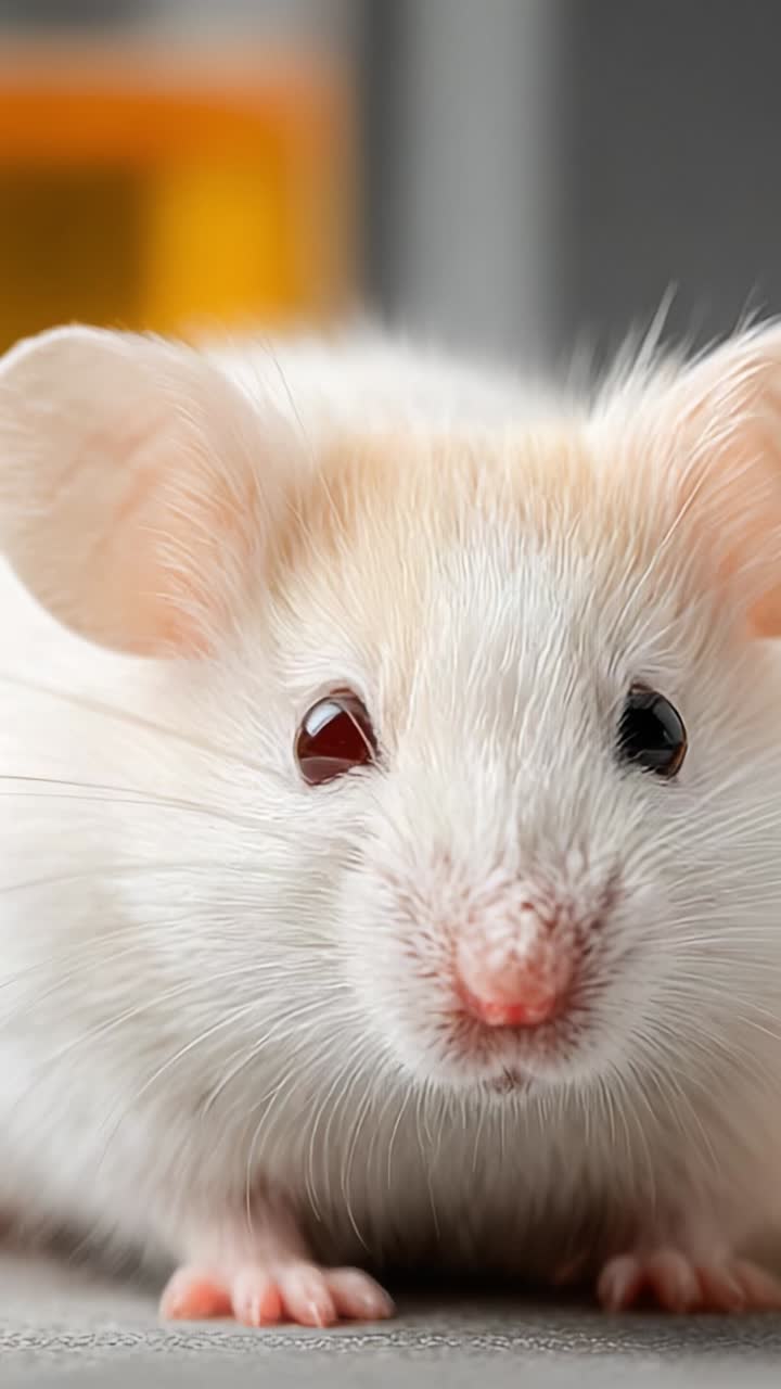 Primo piano di un adorabile topolino bianco con caratteristici occhi rossi e morbida pelliccia, che cattura la sua curiosità e la sua natura giocosa in un ambiente da studio