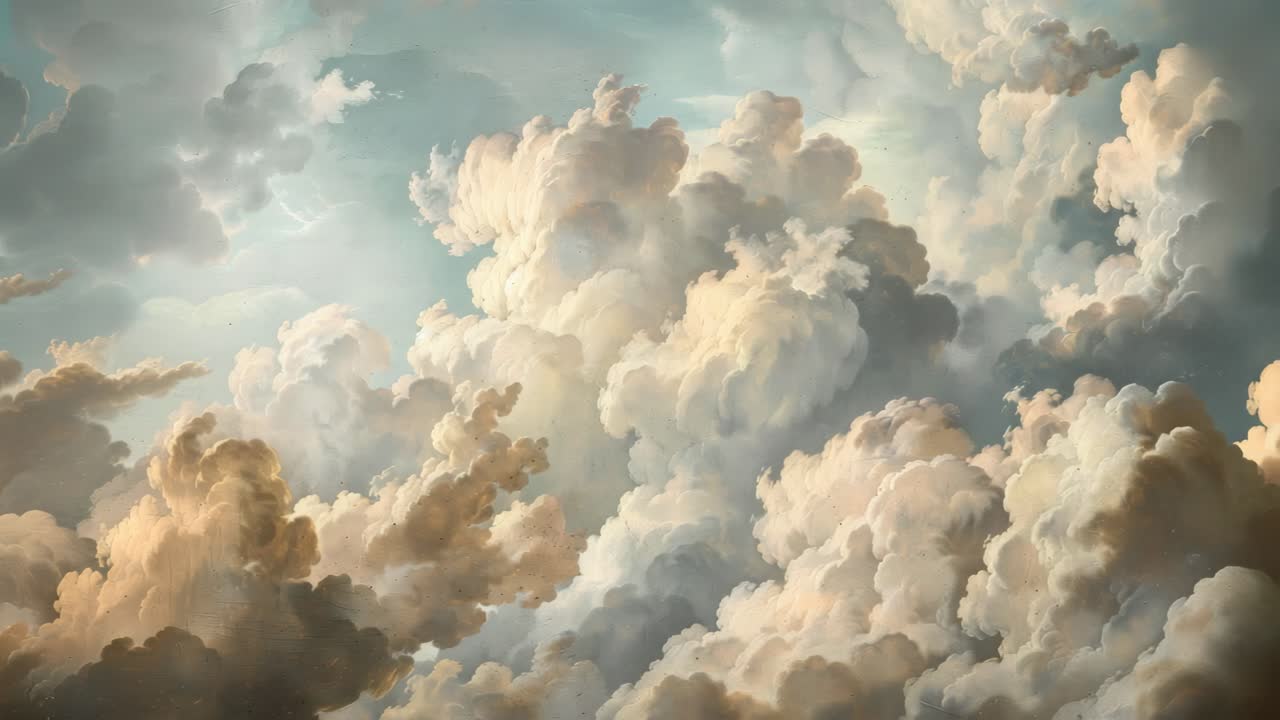 Aerial view of dramatic, fluffy clouds with soft lighting, creating a serene and ethereal