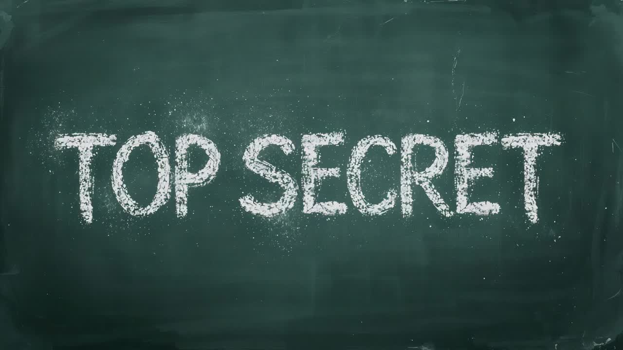 Starting sequence showing white TOP SECRET lettering centered on dark green chalkboard with smudges