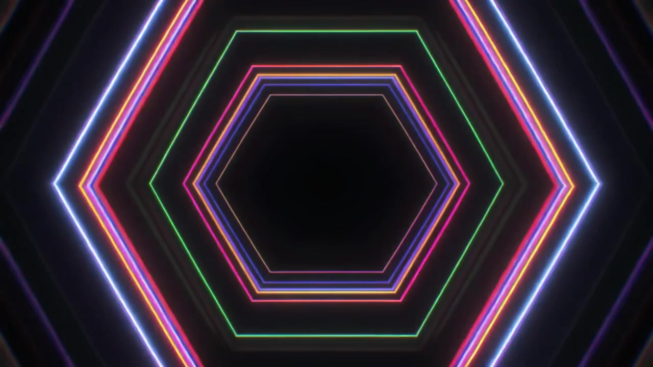 Tunnel astratto di esagoni neon luminosi che avanzano