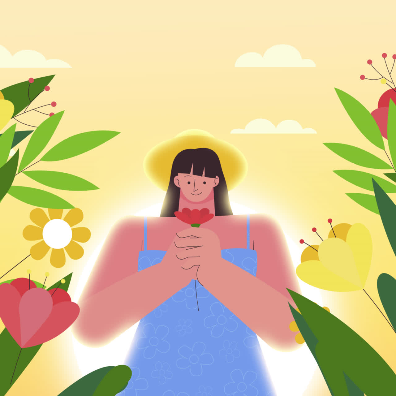 Woman enjoying a flower in a garden