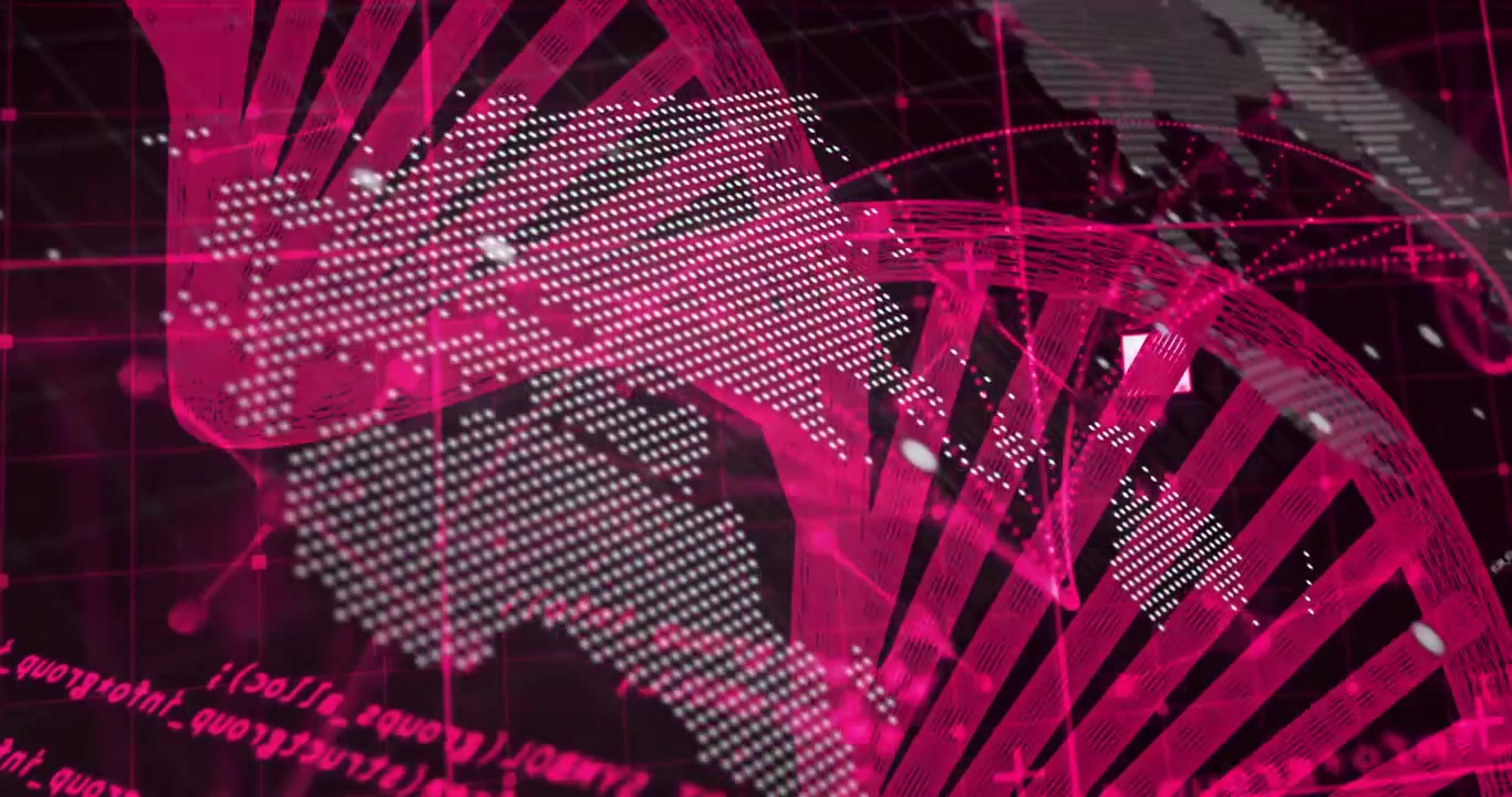 In riproduzione, un'elica di DNA 3D magenta ruota a destra mentre il codice scorre, visualizzando il flusso di dati globale.