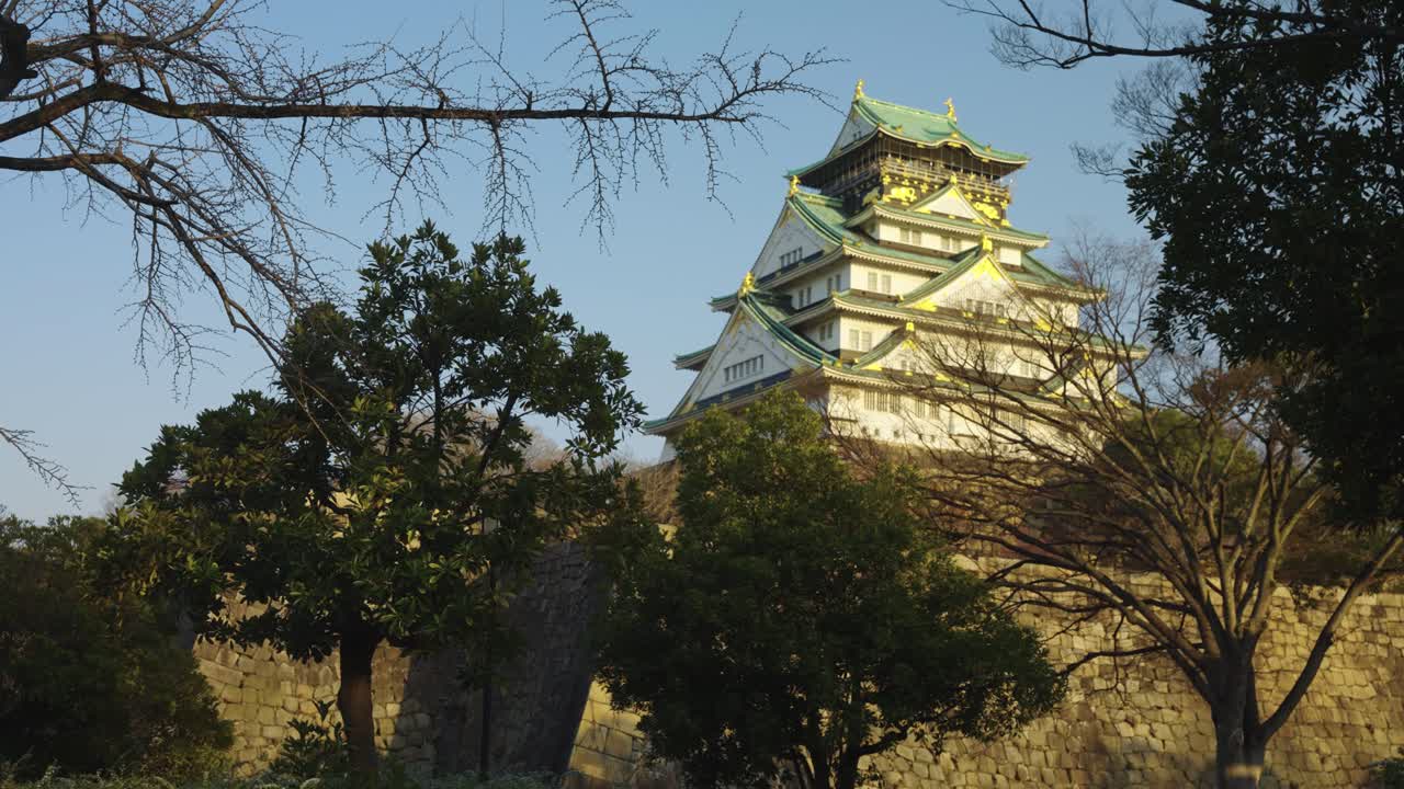Parco del Castello di Osaka all'alba, cielo limpido e caldo e alberi scuri all'inizio della primavera 4k