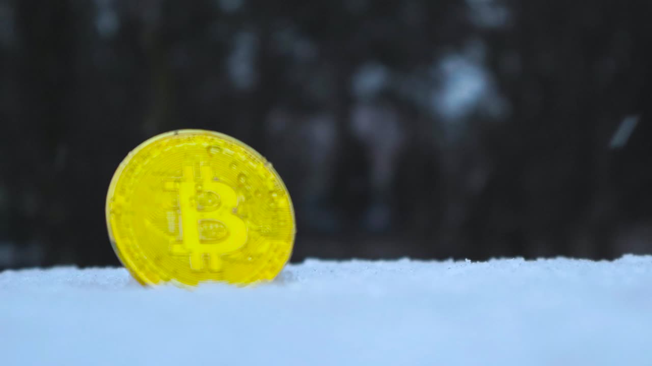 Golden colored reflective Bitcoin coin standing up in white snow while snow falls on and around it during winter time outdoors. Coin is moving in the wind slowly as the camera moves left to right.