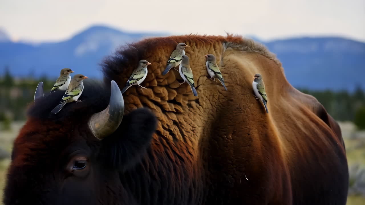 Bison with Birds Perched on Its Back in a Mountain Landscape