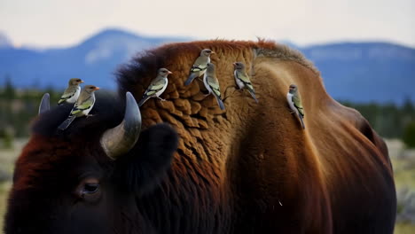 bison with birds perched on its back in a mountain landscape