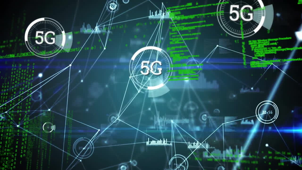 animación de texto 5g, red de conexiones con iconos en fondo negro