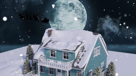 Animation-Von-Fallendem-Schnee-über-Weihnachten,-Weihnachtsmann,-Vollmond-Und-Winterlandschaft