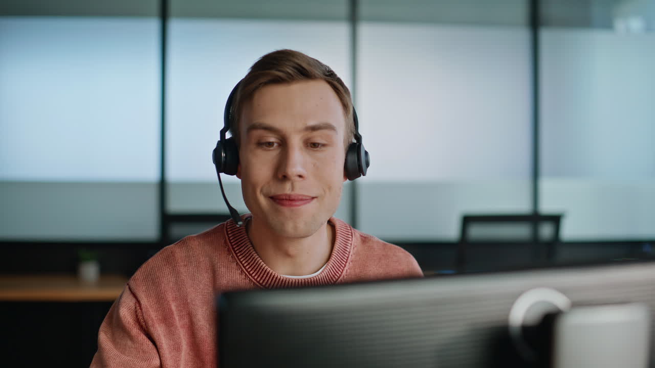 Closeup person grabbing headset for call. Remote expert assisting client online